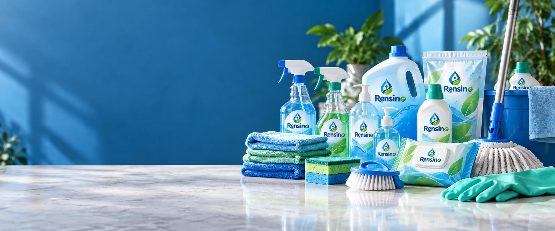 Rensino branded cleaning supplies, brushes, cloths and detergents