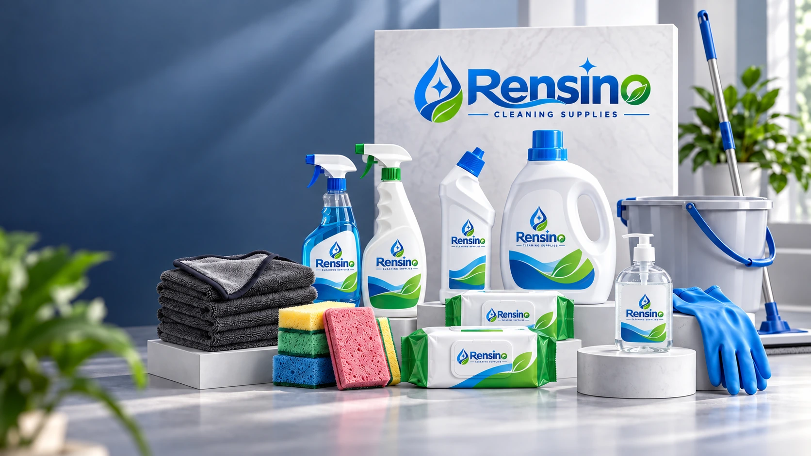 Rensino branded cleaning supplies product showcase