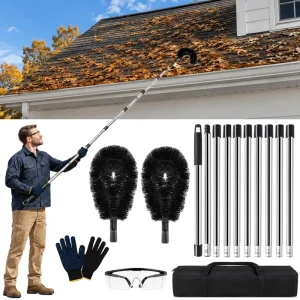 10.5FT Telescoping Gutter Cleaner Kit Flexible Brush Head Extendable Pole Tool Flexible Nylon Bristles Gutter Cleaning Brush