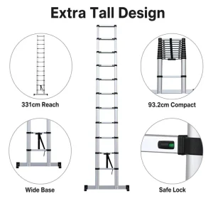 10.8FT Aluminum Telescopic Extension Ladder with Stabilizer Bar Portable Ladder for Home and Outdoor Use 150KG Capacity