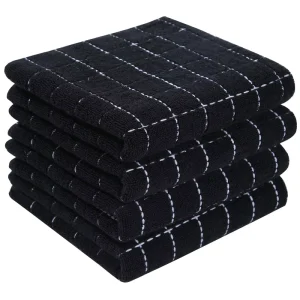 100% Cotton Terry Kitchen Towels(Black, 13 X 28 Inches), Checkered Designed, Soft and Super Absorbent Dish Towels