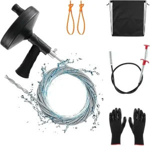 10m Black Drain Snake Auger Plumbing Snake Drain Hair Clog Removal Tool Heavy Duty Sink Drain Cleaner Tool