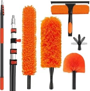 12 FT Adjustable High Ceiling Duster Kit 360° Universal Joint Window Squeegee Cobweb Brush for Fan