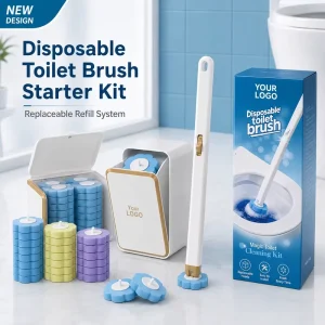 12-Refill Gold-Rim Wall-Mounted Plastic Toilet Cleaning Brush Set with Sponge Heads