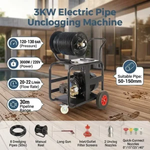 120Bar Electric Pipe Unclogging Machine 3KW Sewer Drain Cleaner 50-150mm 30m Hose