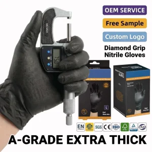 12Mil Heavy Duty Black Nitrile Gloves with Waterproof Diamond Grip Powder Free Disposable for Automotive Repair Industrial Work