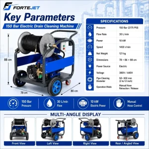 13HP Electric Hydro Jetting Machine 150Bar 30L min Reel Sewer High Pressure Drain Cleaning Machine for Pipeline Service