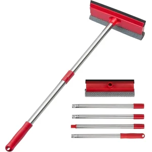 15.9″ Window Squeegee 2 in 1 Car & Glass Cleaner with Long Steel Handle and Sponge for Gas Stations Showers High Windows