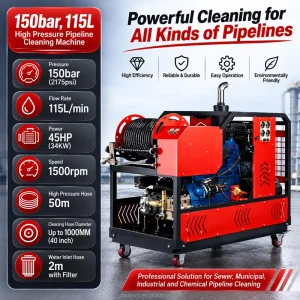 150 Bar 115L/min Diesel High Pressure Cleaner Sewer Jetting Machine Heavy Duty Hose Reel for Car Wash Shop 45HP