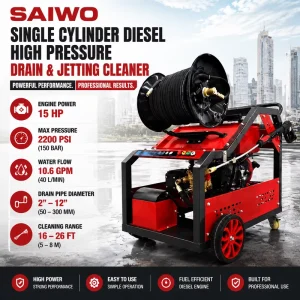 150 Bar High Pressure Sewer Jetter Machine Drain Cleaning Pipe Unblocking Equipment Diesel 15 HP Engine Triplex Pump 10.6 GPM