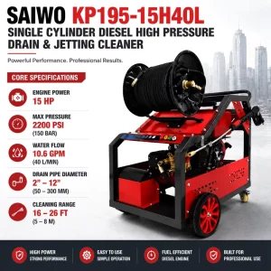 150 Bar High Pressure Sewer Jetter Machine Drain Cleaning and Pipe Unblocking Equipment Diesel 15 HP Engine for Optics Industry