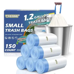 150 Count 1.2 Gallon Waterproof PE Drawstring Durable Mini Trash Bags Screen Printed Unscented 4.5 Liter White Home Bathroom
