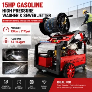 150Bar 7.9-10.6gpm High Pressure Sewer Jetter Machine Drain Cleaning Pipe Unblocking Equipment Gasoline 15HP Engine