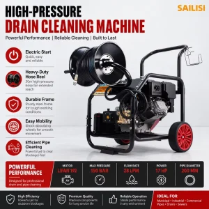 17 HP 192 High Pressure Drain Cleaning Machine 150 Bar Sewer Jetting Machine with 30 M Hose Reel for Pipe Cleaning