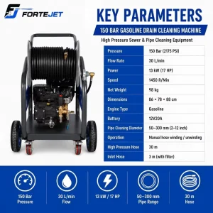 17HP Gasoline Hydro Jetter 150Bar 30L min Light Duty Pipe Cleaning Machine Sewer Jetter for Drain