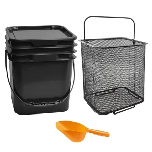 17L Square Heavy Duty Black Square Plastic Bucket with Lid Metal Mesh Basket & Plastic Scoop Set for Storage & Cleaning