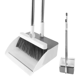 180-Degree Rotating Stainless Steel Broom and Dustpan Set with Tall Soft Bristles for Household Cleaning