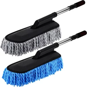 2-Pack Microfiber Car Duster Kit with Extendable Handle and Soft Brush for Exterior and Interior Cleaning, Blue and Gray