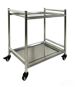 2 Tier 201 Stainless Steel Polished Finish Utility Cart Multi Purpose Heavy Duty Trolley Drainage Groove 50kg Load Capacity