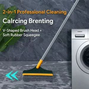 2 in 1 Floor Scrub Brush with Squeegee V Shaped Bristles 120 Degree Swivel Head Stainless Steel Long Handle Tile Grout Cleaner