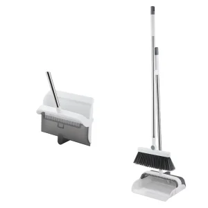 2 in 1 Long Handle Broom and Dustpan Set with Self Cleaning Teeth for Pet Hair Household Floor Cleaning