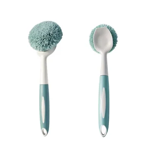 2-in-1 Long-Handle Cleaning Brush with Built-In Scraper and PET Stiff Bristles for Pots, Pans, Sinks, and Tile