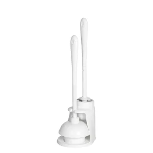2-in-1 Long-Handle Toilet Brush and Plunger Set with Drip-Free Drainable Storage Caddy