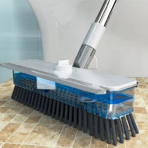 2-in-1 Plastic Floor Cleaning Brush and Scraper with Long Handle and Soap Dispenser
