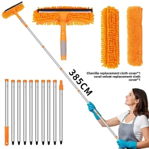 2-in-1 Stainless Steel Telescoping Window Squeegee Professional Cleaning Tool for Tall-Window Glass Wiping