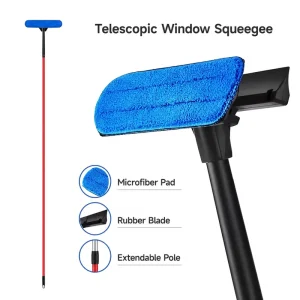 2-in-1 Telescopic Window Squeegee with Microfiber Pad and Rubber Blade Extendable Long Pole Window Cleaner Tool