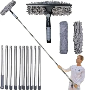 20-Foot 2-in-1 Window Squeegee and Duster with Extension Pole and 2 Replacement Pads