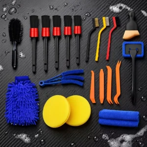 20-Piece Car Detailing Brush Set with Wheel Brush, Wax Sponge, and Microfiber Towel