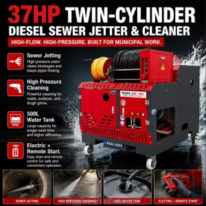 200 Bar 84 L/min High-Pressure Sewer Jetter with 500 L Water Tank for Drain Pipe Cleaning