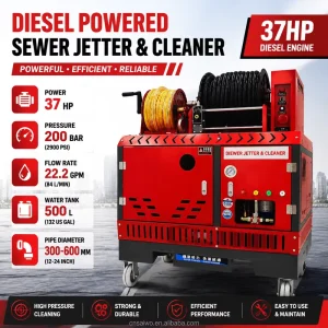 200 Bar 84 L/min High Pressure Sewer Jetter with 500 L Water Tank for Drain Pipe Cleaning Diesel Pipe Drain Cleaner
