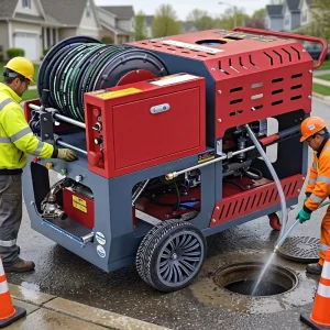 200 Bar Remote Sewer Jetter Machine Drain Cleaning and Pipe Unblocking Equipment with 37 HP Twin-Cylinder Gasoline Engine 84 L/min