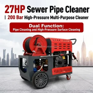 200 Bar Sewer Jetter Machine Drain Cleaning and Pipe Unblocking Equipment with 27 HP Twin-Cylinder Gasoline Engine 64 L/min