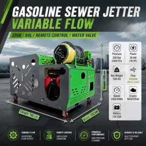 200 bar 84 L/min Remote Electric Water Valve 40 HP High Pressure Sewer Cleaning Machine for Drain Cleaning Contractor