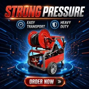 200Bar Cold Water Sewer Jetter Machine Drain Cleaning and Pipe Unblocking 27HP Twin-Cylinder Gasoline Engine 64L/min