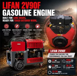 200Bar Remote Sewer Jetter Machine Drain Cleaning and Pipe Unblocking Equipment with 37HP Twin-Cylinder Gasoline Engine 84L/Min