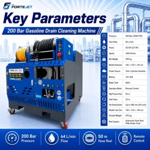 200bar Twin-Cylinder Sewer Jetter 64L/min 500L Tank Remote Water Jetter for Commercial Drain Service