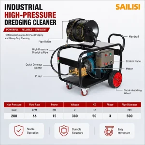 200kg High-Pressure 15kW Electric Sewer Cleaning Machine with 66L Capacity for Municipal and Farm Pipe Cleaning