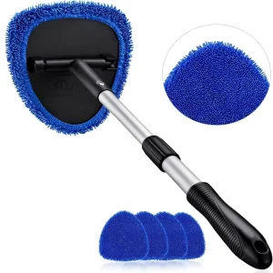 21 Inch Extra Long Windshield Cleaner Tool Car Interior Detailing Kit Extendable Handle 4 Reusable Microfiber Pads Brush
