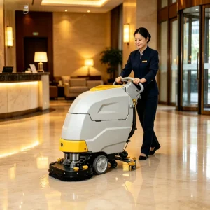 24V Battery Floor Scrubber Machine with Dual Brushes for Warehouse Cleaning