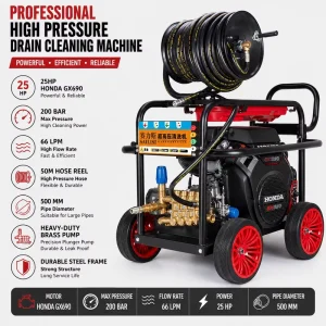 25 HP GX690 High Pressure Drain Cleaning Machine 200 Bar Sewer Jetting Machine with 50 M Hose Reel for Pipe Cleaning