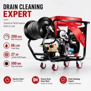 27HP 2V78 High-Pressure Drain Cleaning Machine 200 Bar Sewer Jetting Machine with 50 m Hose Reel for Pipe Cleaning