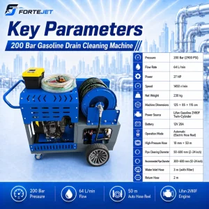 27HP Twin-Cylinder Diesel Hydro Jetter 200Bar 64L/min Remote Reel Pipe Cleaning Machine Sewer Jetter for 50-600mm Drain