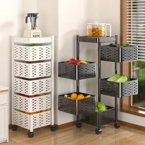 3 4 5 Tier Square Rotating Storage Cart with Top Lid Metal Wire Fruit Vegetable Basket Rolling Storage Rack with Wheels