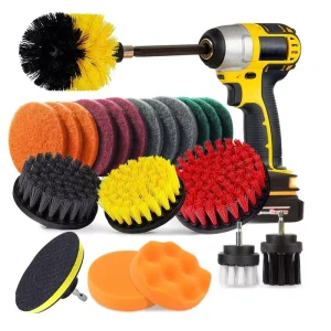 3-45 Piece Drill Brush Set with Steel Handle for Grout, Tile, Floor, and Car Cleaning