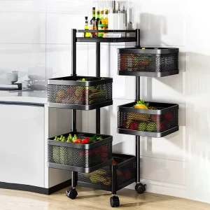 3 5 Layer Kitchen Storage Rotating Trolley with Wheels Square Metal Hand Carts Trolleys