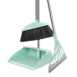 3-Piece Broom and Dustpan Set with Squeegee Broom Hair Filtering Comb Long Handle Floor Cleaning Tools